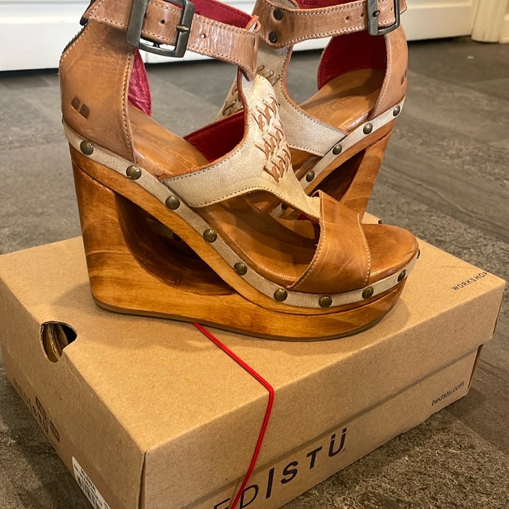 BED|STU Millennial Tan and Cream Leather Studded Wooden Wedge Sandals